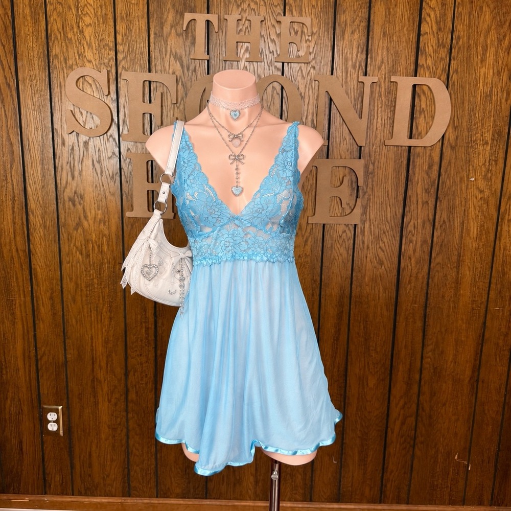 Y2K Coquette Blue Lace Babydoll Lingerie Dress Women M Y2K Fairycore Angelcore